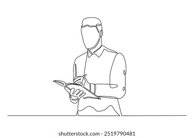 Businessman writing notes continuous one line drawing. Businessman making notes in single line art illustration. Editable vector.  