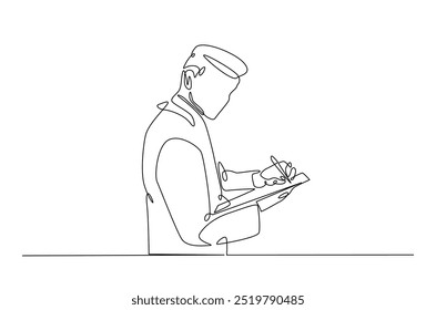 Businessman writing notes continuous one line drawing. Businessman making notes in single line art illustration. Editable vector.  
