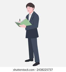 Businessman is writing on a book while standing. Suitable for business themes. Work in an office, wear a suit, be successful, work hard. Flat vector illustration.