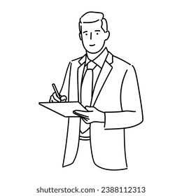 businessman writing on clipboard avatar character icon vector illustration design in black and white line art