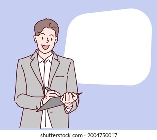 Businessman writing on clipboard, check list. Business concept. Hand drawn in thin line style, vector illustration.