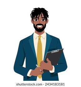 Businessman writing on clipboard, check list. Business concept. Flat vector illustration isolated on white background