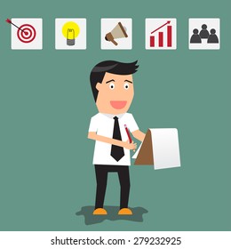 businessman writing on clipboard or document checklist with strategy icons, vector illustration. 
