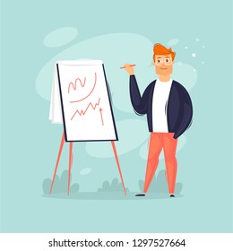 Businessman writing on paper plan. Training, supervisor. Flat design vector illustration.