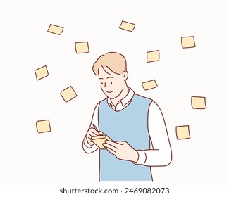 Businessman Writing On Sticky Notes. Hand drawn style vector design illustrations.