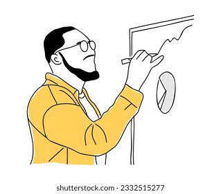 Businessman writing on whiteboard. Bearded man in glasses taking in Meeting, brainstorming, seminar, business activities. Vector colored line art illustration isolated on white background