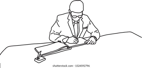 businessman writing onnotebook at big table vector illustration sketch doodle hand drawn with black lines isolated on white background