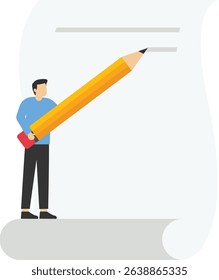 Businessman writing project report and plan, businessman holding pencil and writing while standing on scattered documents, paperwork stock illustration

