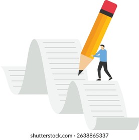 Businessman writing project report and plan, businessman holding pencil and writing while standing on scattered documents, paperwork stock illustration

