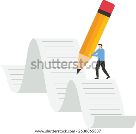 Businessman writing project report and plan, businessman holding pencil and writing while standing on scattered documents, paperwork stock illustration

