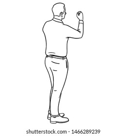 Businessman writing something on the wall. outline vector illustration. Back view.