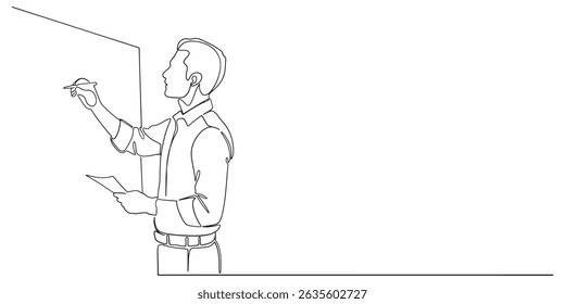 A businessman writing something with a pen on a flip chart at a workshop or presentation. Character, scribble, outline, comic, ink, sketch, doodle, vector, illustration, line, cartoon, black, white.