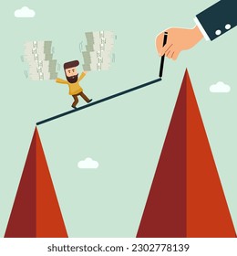 Businessman writing way for his partner who is carrying stacks of money to easy cross other hill, mentor and partnership concept.