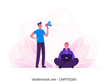 Businessman Yelling in Loudspeaker on Man Office Employee Working on Laptop. Boss Company Leader Hurry Worker with Job, Overwork Manager Deadline Stress Situation. Cartoon Flat Vector Illustration