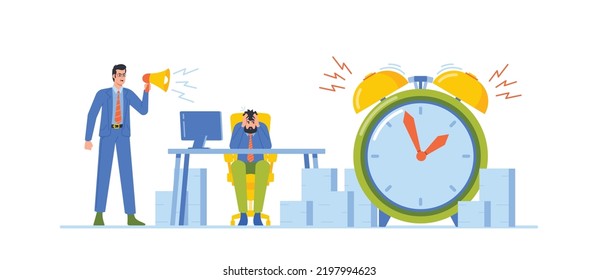 Businessman Yelling in Loudspeaker on Man Office Employee Sitting at Workplace. Boss Company Leader Hurry Worker with Job, Overwork Manager in Deadline Stress Situation. Cartoon Vector Illustration