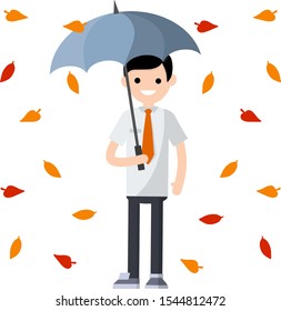 Businessman and yellow leaves. Man in white shirt and red tie stands in rain with blue umbrella. guy in office clothes. Cartoon flat illustration. Protection from autumn weather and problems