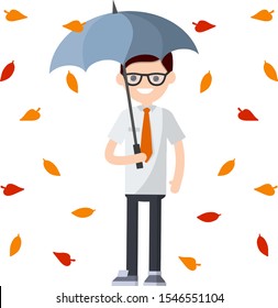 Businessman and yellow leaves. Man in white shirt and red tie stands in rain with blue umbrella. guy in office clothes. Cartoon flat illustration. Protection from autumn weather and problems