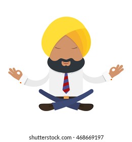 Businessman in a yellow turban on a white background. Indian businessman in the national 
yellow turban in the lotus position. Financial yoga, meditation. Stock vector