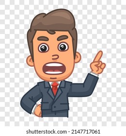 Businessman yells and points his finger at. Funny character. Vector character