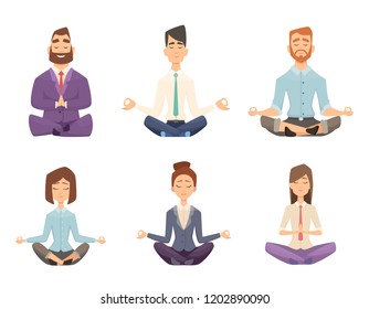 Businessman yoga. Man and woman relaxing meditation at workspace table vector concept cartoon illustration. Pose yoga, relax and meditation