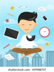 businessman yoga mediation. relaxation in sky flat illustration