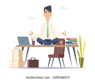 Businessman yoga meditation. Office relax in stressed work busy man sitting in lotus yoga practice at workspace vector concept. Illustration of businessman yoga meditation, calm and meditating