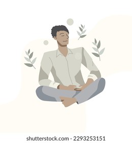 Businessman yoga meditation relax from work. Self care, love yourself icon or body positive concept.Hand draw style. Vector illustration.