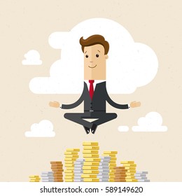 Businessman, yoga and money. Businessmen hung in the air, meditating on cash. Yogi manager. Businessman sitting in lotus position and meditating on stacks of coins. Vector, illustration, flat