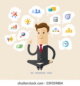 Businessman - Yogi sitting in lotus position, choose and press virtual icons. Set of office and business flat icons. Vector, illustration