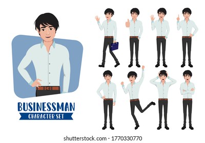 Businessman young character vector set. Business man characters in different standing pose and gestures for handsome male office employee staff collection design. Vector illustration