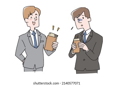 Businessman (young man) with disparity in salary Comical handwritten person Vector, line drawing and color