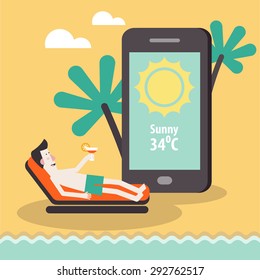 Businessman or young man on vacation with smartphone. Weather Forecast map on mobile. Vector illustration in flat design.