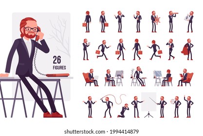 Businessman, young red haired office worker character set, pose sequences. Manager in formal wear, administrative person, corporate employee. Full length, different views, gestures, emotions, position