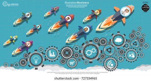 Businessman,Business Lady - Drive Rocket  - modern design Idea and Concept Vector illustration  with Cog,Cloud,icon.