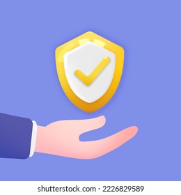 Businessman'hand hold 3d security safe icon. 3D shield protection icon with check for online payment on purple background concept. 3d security with payment protection on isolated purple background