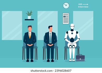 Businessmans and AI robot waiting for a job interview. concep of Humans and artificial intelligence work together to create a better future. flat vector illustation.