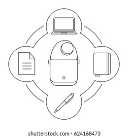Businessman's bag contents linear icons set. Laptop, notepad, pen, text document. Isolated vector illustrations