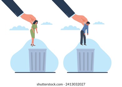 Businessman's big hand throws woman and man in garbage. Fired people. Unnecessary persons disposal. Dismiss employees. Work loss and failure. Unhappy workers in rubbish bin. Vector concept