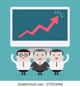 Businessmans & Boss happy with chart go up on monitor - Vector