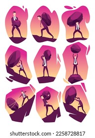 Businessmans with boulders vector illustration set. Stressed mans carry heavy stone on shoulder overwhelmed with problem or task. Crisis problem of business people, challenge, conquering concept