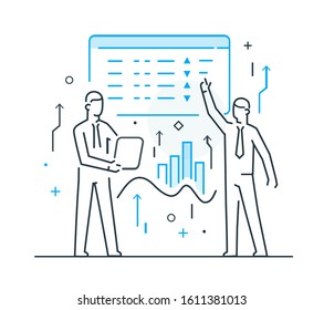 Businessmans controls the interface of monitors. Workflow, growth, graphics. Business development, milestones, start-up. linear illustration Icons infographics. Landing page site print poster. Eps