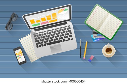 Businessman's desk with laptop, tablet,  smart phone and stationery. A business activity. Workplace. Office. Work in a team. Business school training. The web banner. Modern flat design.