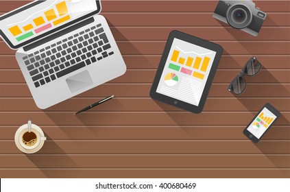 Businessman's desk with laptop, tablet,  smart phone and stationery. A business activity. Workplace. Office. Work in a team. Business school training. The web banner. Modern flat design.