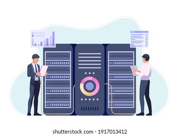 Empresarios o ingenieros trabajando en la sala de centros de datos. Concepto de administración de servidores y mantenimiento de sistemas de bases de datos.