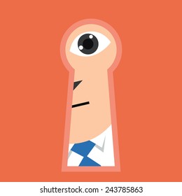 Businessman's eye try to look through the key hole. Abstract illustration representing to vision to find important solution. 