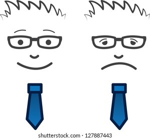 Businessman's face with glasses. One happy one sad.