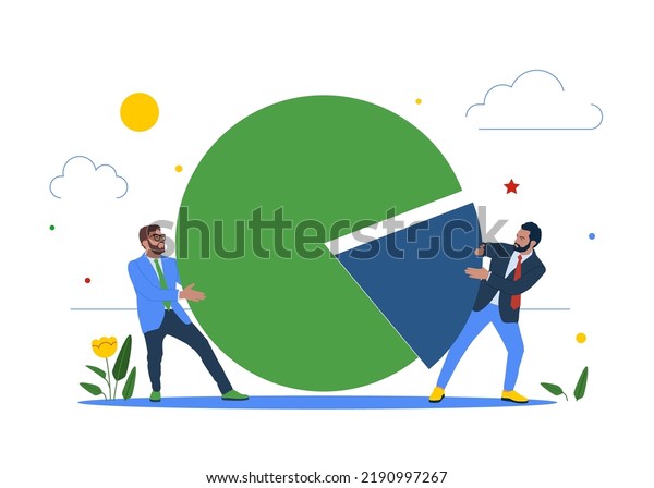 Businessmans\
fighting for more market share pie chart. Market share percentage\
of industry sale, battle to gain more\
sale.