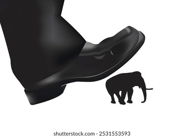 Businessman's foot is about to step on a small silhouette of an elephant