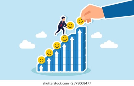 Businessman's hand and a businessman work together placing happy emoticons on stacked boxes forming a chart, illustration of teamwork and collaboration in increase market attention