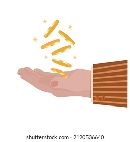 The businessman's hand catches falling gold coins.   Capital gains, income, profitable investments. Vector illustration.